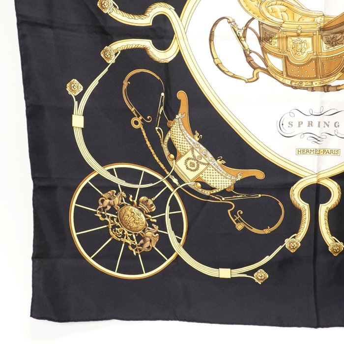 Hermès “Springs” Silk Carré Scarf 90 cm – Classic Equestrian Saddle Design